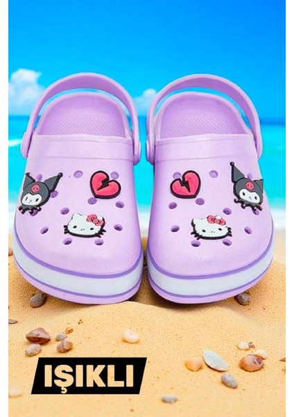 Kız Çocuk Lila Kuromi Baskılı Tabanı Işıklı Plaj Havuz Terliği & Sandaleti