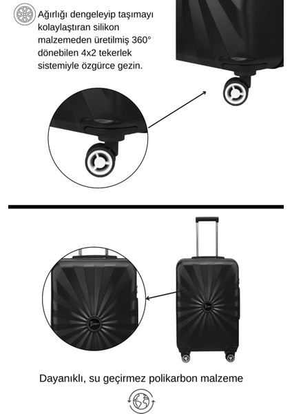2'li Valiz Seti Polikarbon Büyük Boy - Kabin Boy Valiz Siyah 1809 modelleri