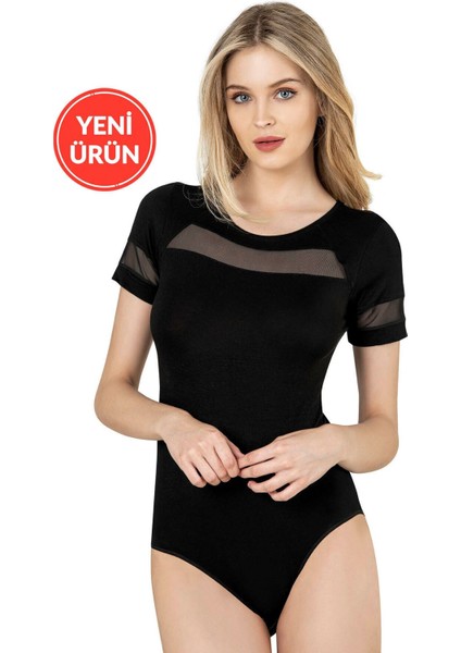 Kadın Pamuklu Tül Detaylı Kancalı Çıtçıtlı Body