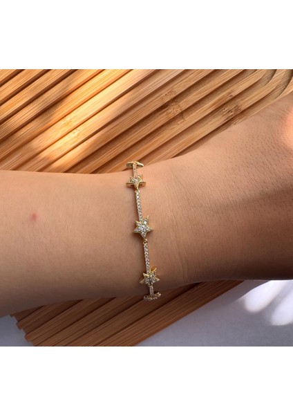 Yıldız Model Taşlı Altın Renginde Çelik Gold Bileklik