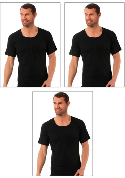 3'lü Paket Erkek Ribana Pamuklu Esnek Rahat Geniş Yaka Kısa Kollu Fanila Tişört