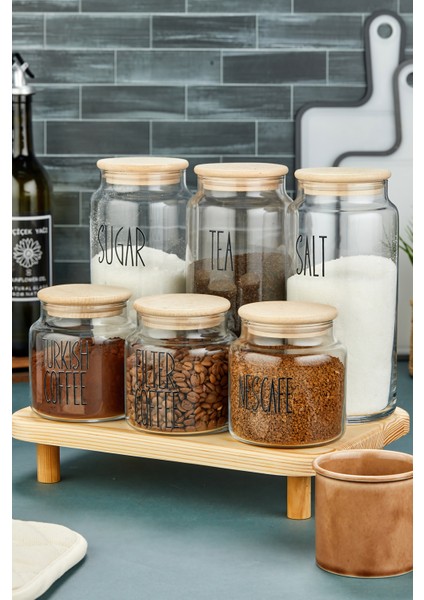 3lü Standlı Ahşap Kapaklı Cam 1300ML Tea/şugar/salt ve 3lü 500ML Kahve Kavanozu (Transfer Etiket)