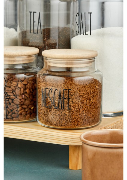 3lü Standlı Ahşap Kapaklı Cam 1300ML Tea/şugar/salt ve 3lü 500ML Kahve Kavanozu (Transfer Etiket) fiyatları