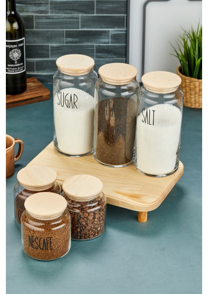 3lü Standlı Ahşap Kapaklı Cam 1300ML Tea/şugar/salt ve 3lü 500ML Kahve Kavanozu (Transfer Etiket) modelleri
