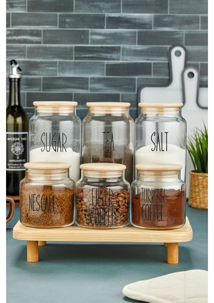 3lü Standlı Ahşap Kapaklı Cam 1300ML Tea/şugar/salt ve 3lü 500ML Kahve Kavanozu (Transfer Etiket) fırsatları