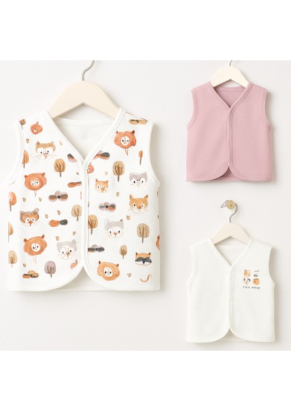 Unisex Erkek Bebek Kız Bebek 0/12 Ay Baskılı Organik Pamuklu 3'lü Bebek Yelek