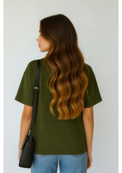 Store %100 Organik Pamuk Nefes Alan Tok Yumuşak Dokulu Premium Yarım Oversize Bisiklet Yaka Basic Kadın/Unisex Tişört Haki fiyatları