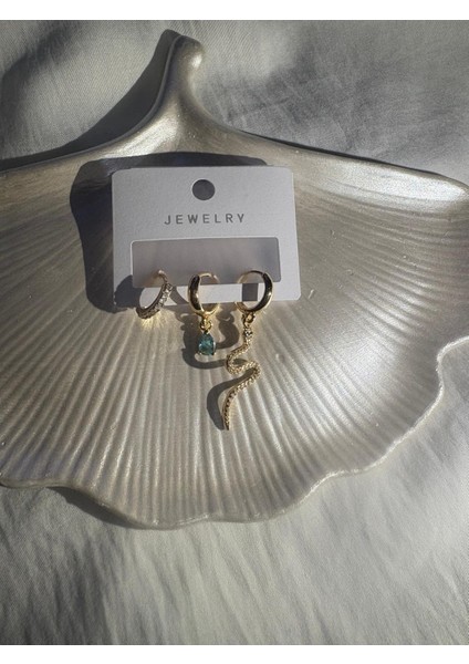 Altın Renk Zarif Minimal Çelik Küpe Seti – Taşlı, Damla Taşlı ve Yılan Figürlü fırsatları