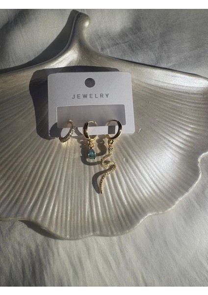 Altın Renk Zarif Minimal Çelik Küpe Seti – Taşlı, Damla Taşlı ve Yılan Figürlü indirimleri