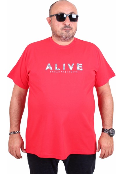 Mocgrande Erkek Büyük Beden Sıfır Yaka Tişört Alive 25187 Kırmızı