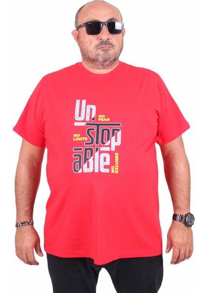Mocgrande Erkek Büyük Beden Sıfır Yaka Tişört Un Stop Able 25181 Kırmızı