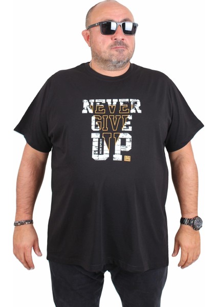 Mocgrande Erkek Büyük Beden Sıfır Yaka Tişört Never Give Up 25182 Sıyah