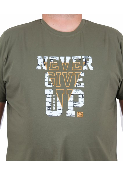 Mocgrande Erkek Büyük Beden Sıfır Yaka Tişört Never Give Up 25182 Hakı fiyatları