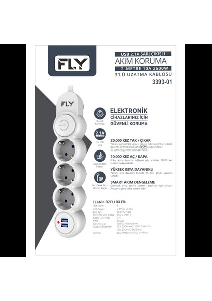 3393-01, 3 Soket, 2 Usb, Akım Korumalı Priz, 2.1A, Anahtarlı, 2mt Kablo, (Beyaz) fiyatları