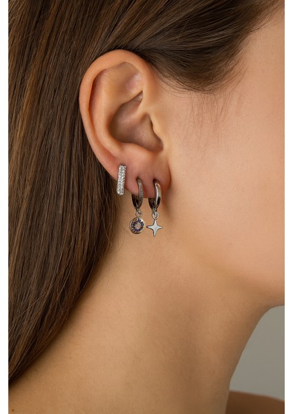 Gümüş Renkli 3’lü Yıldız & Nazar Boncuklu Küpe Seti fiyatları