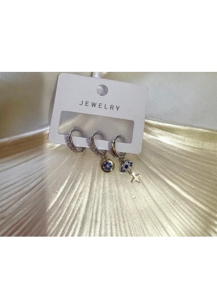 Gümüş Renkli 3’lü Yıldız & Nazar Boncuklu Küpe Seti fırsatları