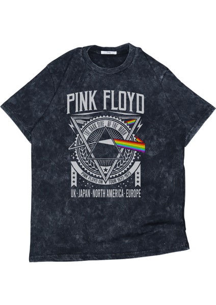 Unisex Pink Floyd Yazılı Yıkamalı Tişört, Oversize Rock-Metal Baskılı Vintage T-Shirt
