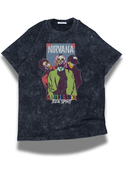 Unisex Nirvana Smells Like Baskılı Yıkamalı Tişört, Oversize Rock-Metal Baskılı Eskitme T-Shirt