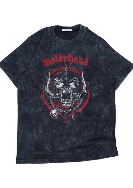 Unisex Motörhead Baskılı Yıkamalı Tişört, Oversize Rock-Metal Baskılı Eskitme T-Shirt