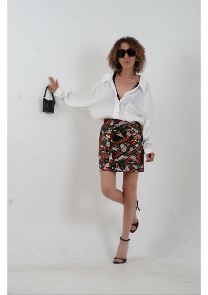 Mozaik Desenli Pul Payetli Astarlı Mini Etek