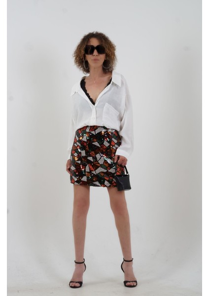 Mozaik Desenli Pul Payetli Astarlı Mini Etek fiyatları