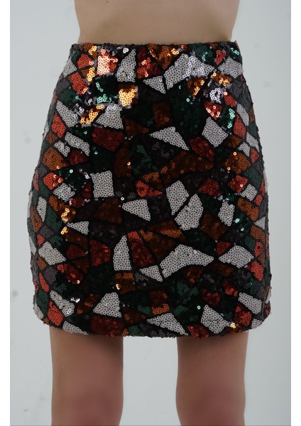 Mozaik Desenli Pul Payetli Astarlı Mini Etek modelleri