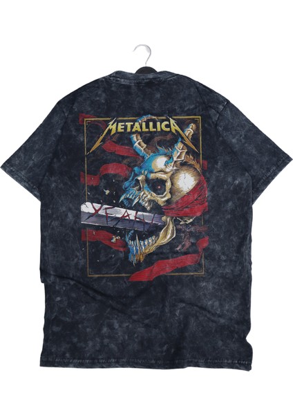 Unisex Kılıçlı Metallica Sırt Baskılı Yıkamalı Tişört, Oversize Rock-Metal Baskılı Vintage T-Shirt modelleri