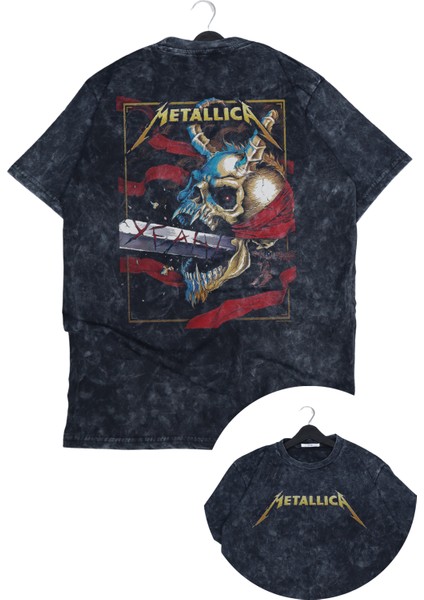 Unisex Kılıçlı Metallica Sırt Baskılı Yıkamalı Tişört, Oversize Rock-Metal Baskılı Vintage T-Shirt