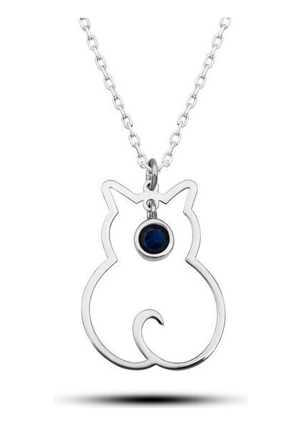 Eylül Ayı Dogum Taşı Kedi 925 Ayar Gümüş Kadın Kolye