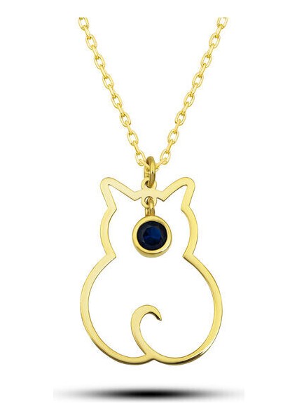 Eylül Ayı Dogum Taşı Kedi 925 Ayar Gümüş Kadın Kolye