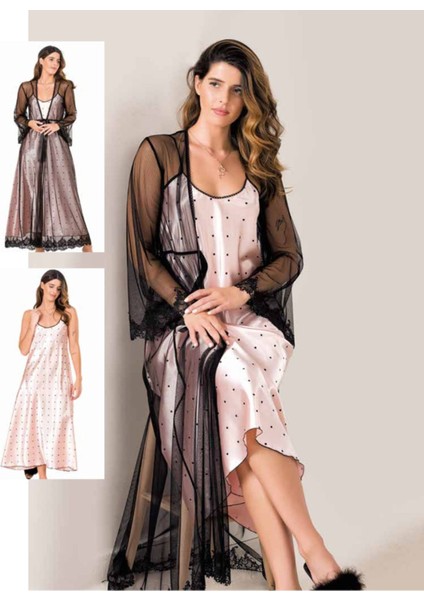 Iç Giyim Moongirl Saten Uzun Ikili Gecelik Takım