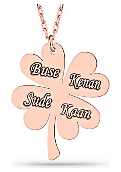 Dört Yaprak Yonca Rose Kişiye Özel Isim 925 Ayar Gümüş Kadın Kolye