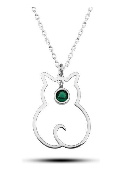 Mayıs Ayı Dogum Taşı Kedi 925 Ayar Gümüş Kadın Kolye