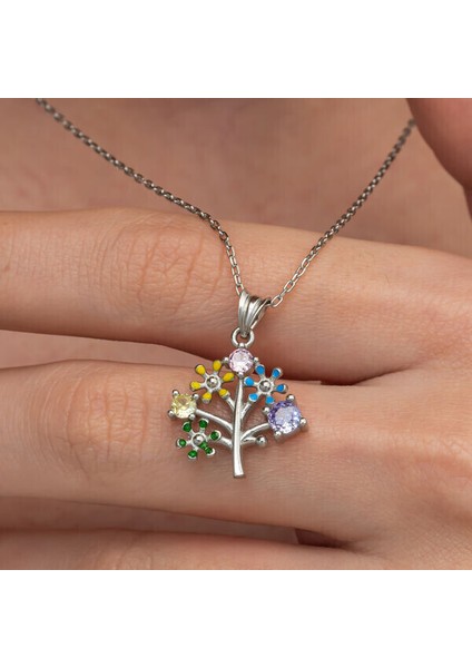 Renkli Hayat Ağacı 925 Ayar Gümüş Kadın Kolye