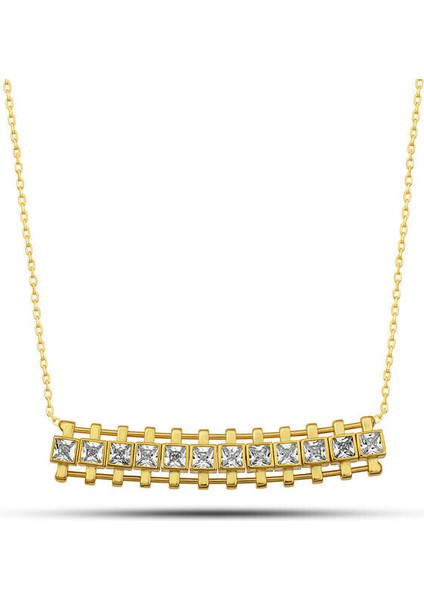 Gold Karebar Zirkon Taşlı 925 Ayar Gümüş Kadın Kolye