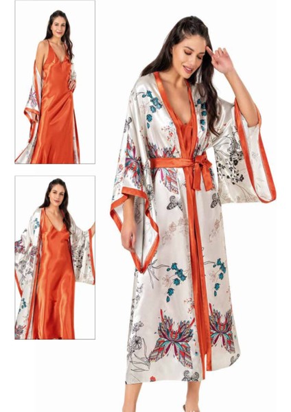 Iç Giyim Moongirl Saten Uzun Ikili Gecelik Takım