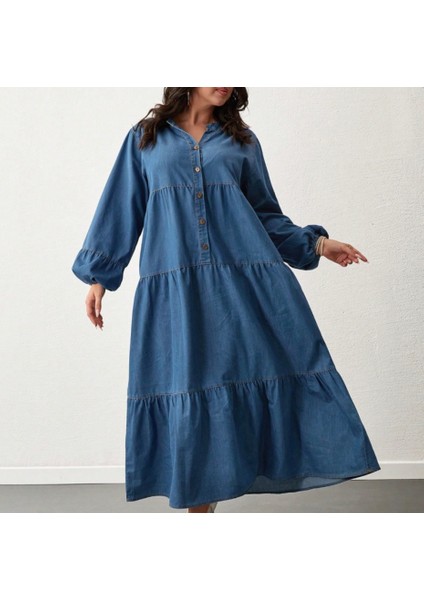 Kadın Kot Kat Kat Etekli Düğmeli Büyük Beden Elbise