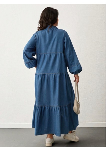 Kadın Kot Kat Kat Etekli Düğmeli Büyük Beden Elbise fiyatları