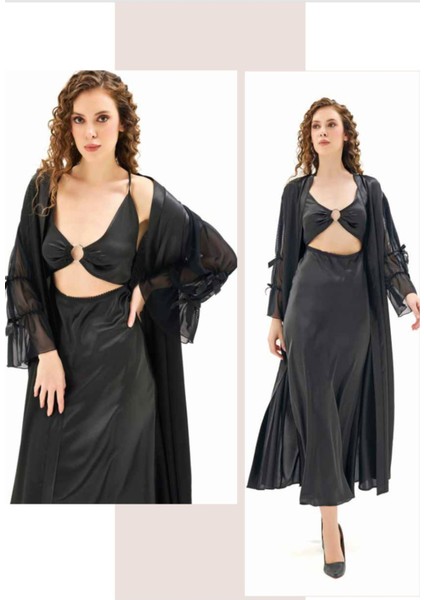 Iç Giyim Moongirl Saten Uzun Ikili Gecelik Takım