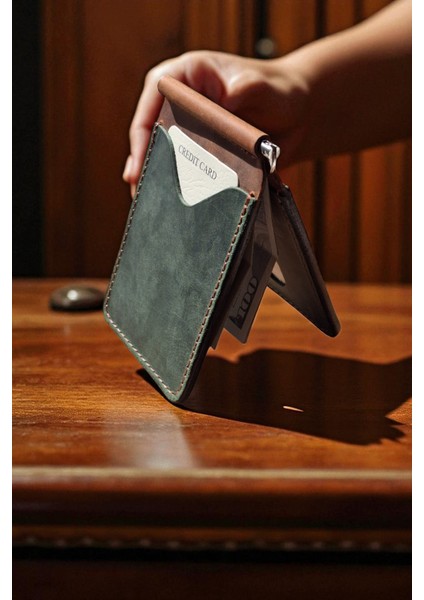 Yeşil Taba Hakiki Deri Para Klipsli Cüzdan & Kartlık Vintage Kartlık