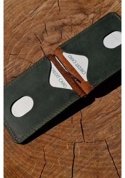 Yeşil Taba Hakiki Deri Para Klipsli Cüzdan & Kartlık Vintage Kartlık