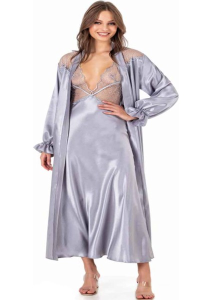 Iç Giyim Moongirl Saten Uzun Ikili Gecelik Takım