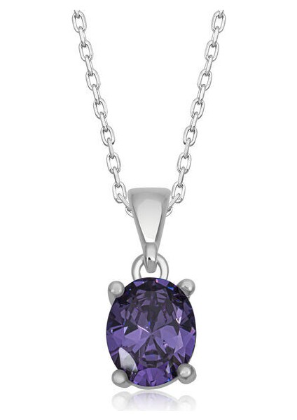 Mor Kristal Oval Zirkon Taşlı 925 Ayar Gümüş Kadın Kolye