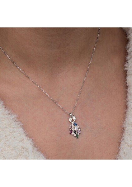 Renkli Taşlı Tavus Kuşu 925 Ayar Gümüş Kadın Kolye