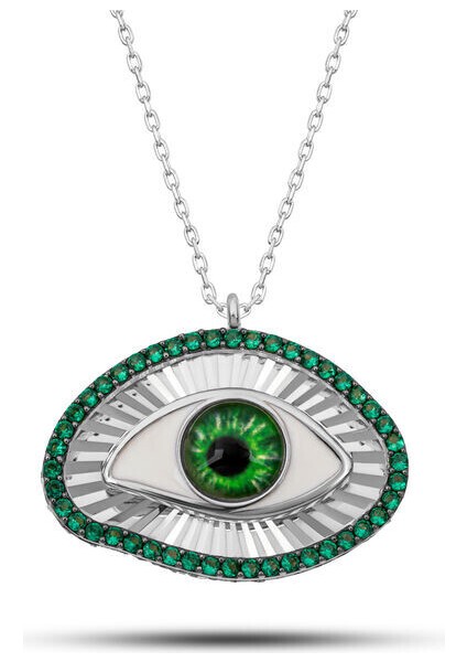 Zirkon Taşlı Zümrüt Göz Koruyucu 925 Ayar Gümüş Kadın Kolye