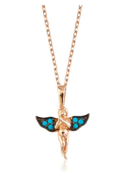 Firuze Taşlı Melek Melek Kanatlı 925 Ayar Gümüş Kolye