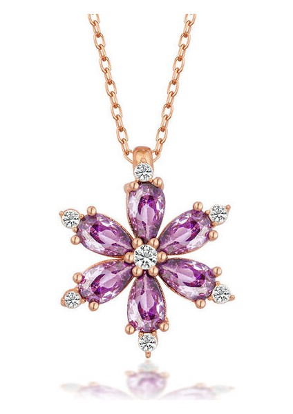 Rose Mor Lotus Çiçeği Zirkon Taşlı 925 Ayar Gümüş Kadın Kolye