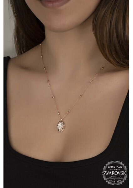Crystal Taşlı Ros Top Oval 925 Ayar Gümüş Kolye
