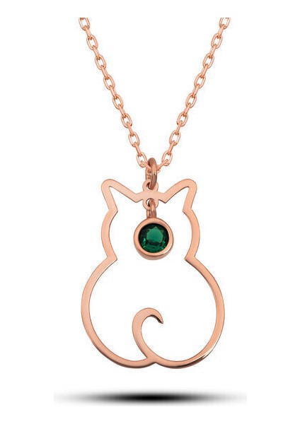 Mayıs Ayı Dogum Taşı Kedi 925 Ayar Gümüş Kadın Kolye