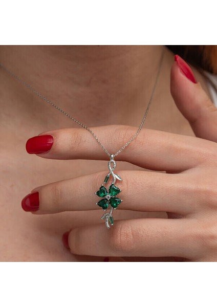 Yeşil Çiçek 925 Ayar Gümüş Kadın Kolye